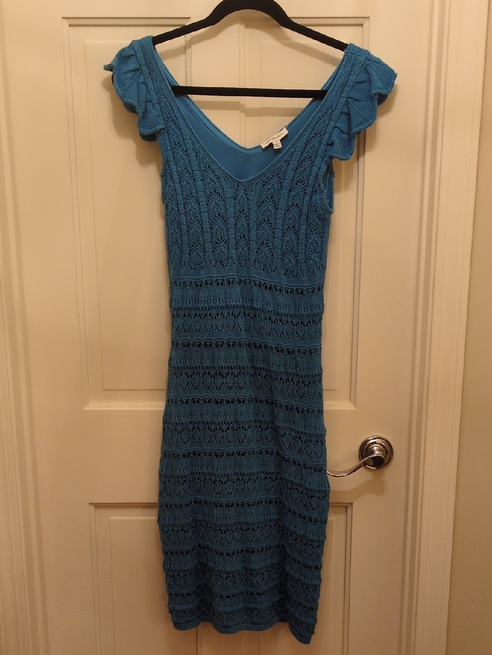 Freshman Teal Blue Crochet Midi Dress with Ruffle Sleeves